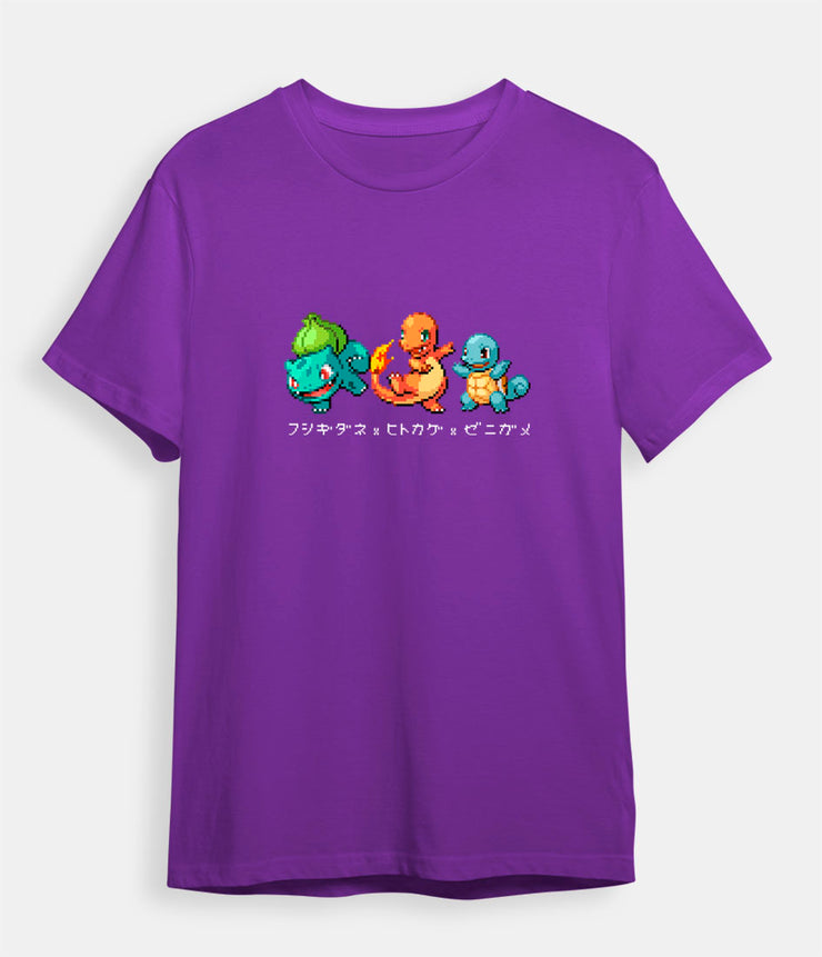 Pokemon t-shirt Kanto Starter Bulbasaur Charmander Squirtle purple