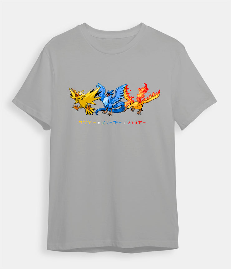 Pokemon t-shirt Legendary Birds Zapdos Articuno Moltres gray