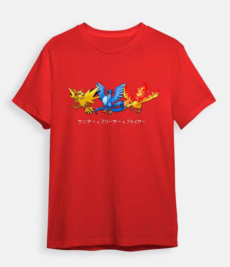 Pokemon t-shirt Legendary Birds Zapdos Articuno Moltres red