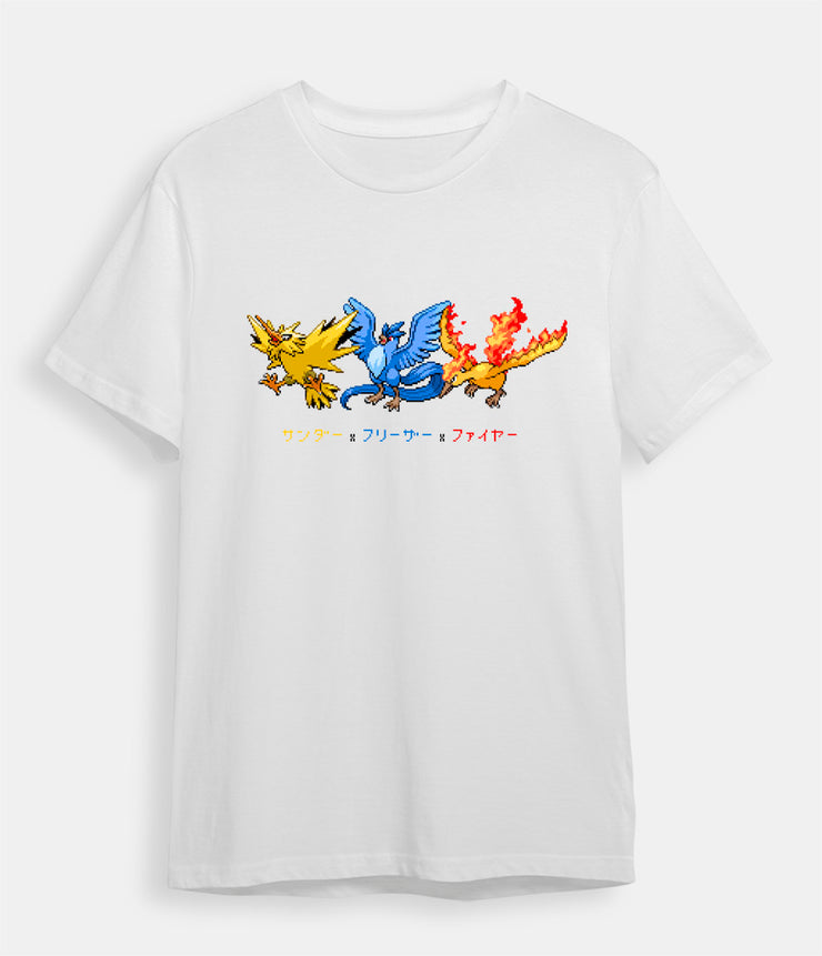 Pokemon t-shirt Legendary Birds Zapdos Articuno Moltres White