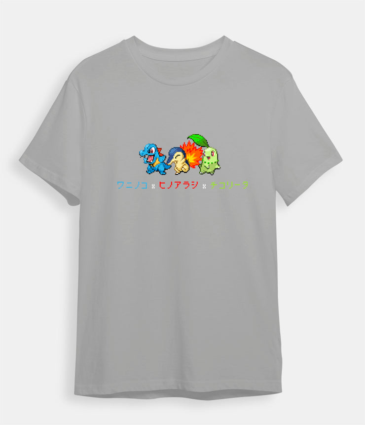 Pokemon t-shirt Totodil Cyndaquil Chikorita gray
