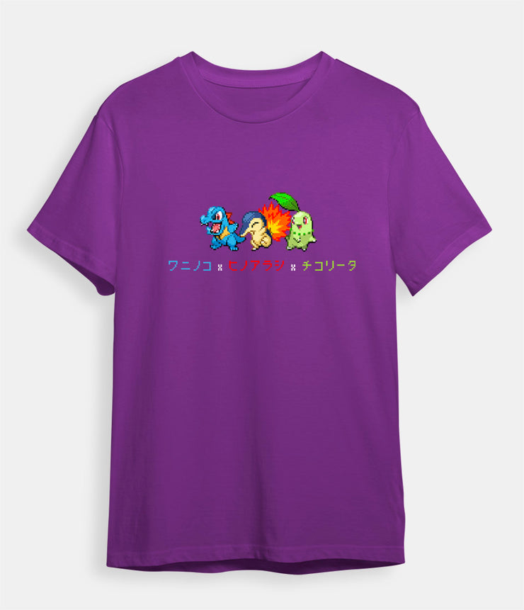 Pokemon t-shirt Totodil Cyndaquil Chikorita purple